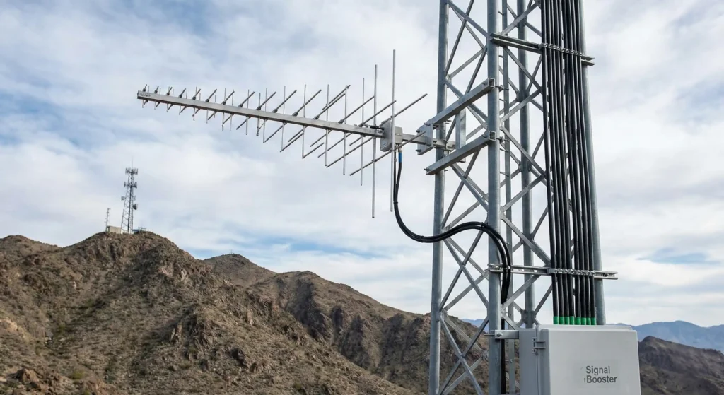 نصب تخصصی آنتن لوگ پریودیک (LPDA) پرقدرت سیگنال بوستر بر روی دکل در مناطق کوهستانی و دورافتاده برای دریافت سیگنال موبایل